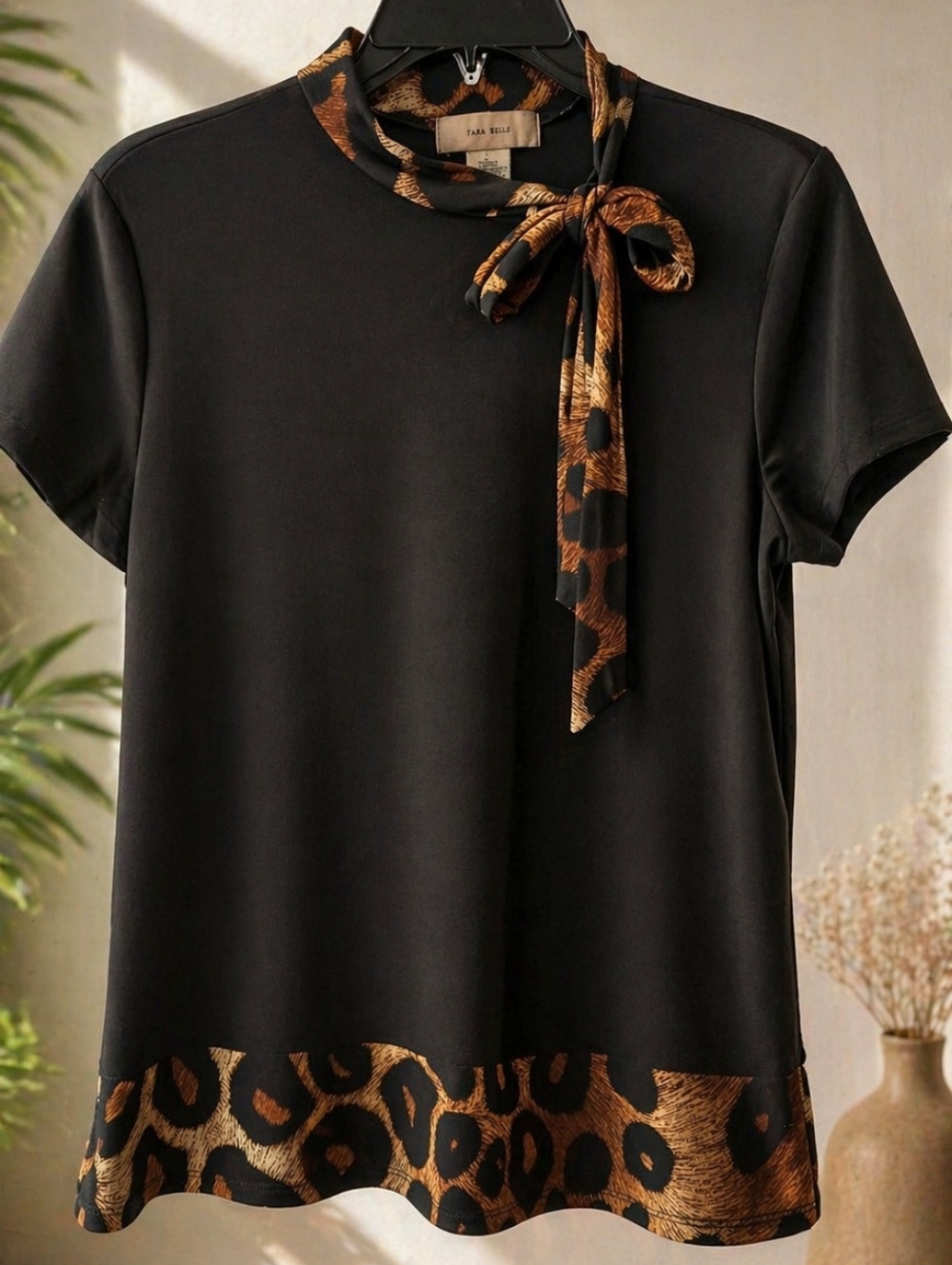 Diana Belle Black Short Sleeve Top with Leopard Trim Tie